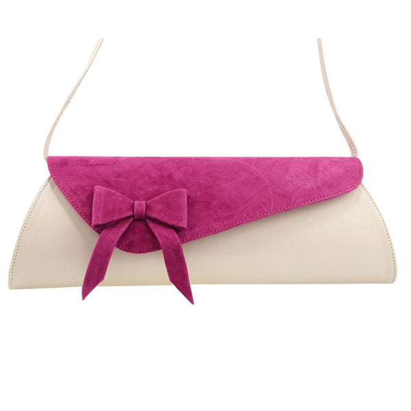 Plic dama piele naturala ivory si piele intoarsa fuchsia